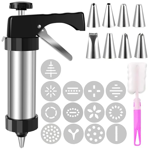 Cookie Press Gun Kit, Stainless Steel Cookie Press for Baking, Christmas DIY Cookies Press Maker Set with 13 Discs and 8 Icing Tips, Multifunctional Detachable Cookie Maker Machine for Biscuits