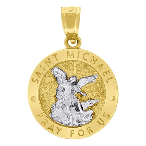 10k Two-Tone Gold Unisex Textured Saint Michael Pray For Us Religious Charm Pendant L: 0.81 in
