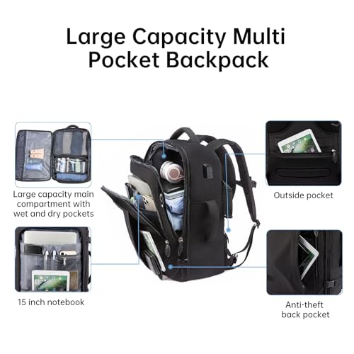 Travel Laptop Backpack, Carry on Backpack with USB Charging Port, Extra Large 15-inch Waterproof Backpack for Men Women, Black2