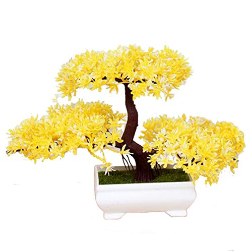 Flikool Mini Pin Arbres Artificielles avec Pot Fleurs Artificiels Simulation Plantes Artificielles Faux Verte L'herbe Turf Bonsai Maison Ornements de Decoration pour Bureau Table Deco - Jaune Cover