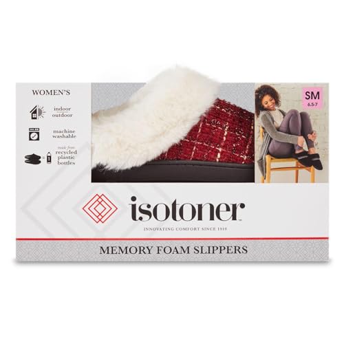 isotoner Women's Classic Comfort Hoodback Memory Foam Slippers, Slippers for Women with Durable Sole and Warmth Faux Fur Cuff - Chili Pepper Large2