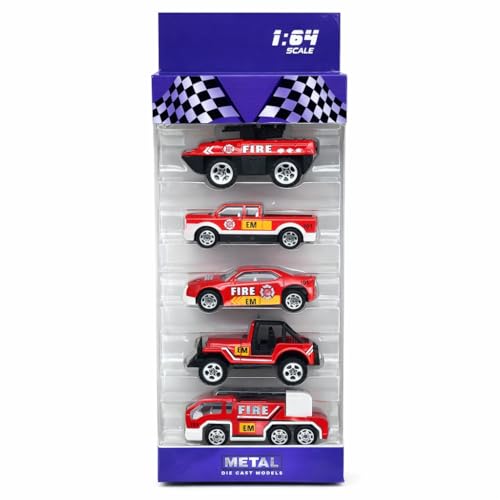 Image of Fire Truck Toy for Kids, Pack of 5 Diecast Metal Toy Cars with Free Wheel, Fire Engine, Fire Brigade Truck & Emergency Rescue Vehicle Toy Set, Birthday Gift for Boys & Girls