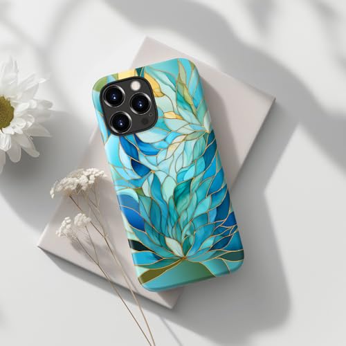 Image of Goodon for iPhone 15 Pro Max Case Cute - Wireless Charging Compatible - Dual-Layer Hard Shell + Silicone Cover - Protective Phone Case with Trendy Designs for Women - Blue Leaves Flower