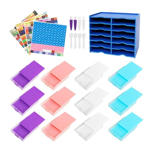 Harilla きん 12ピース ラインストーントレイ ダイヤモンド収納トレイ ビーズ トレイ 大容量ソーター ビーズ収納トレイ 蓋付き ダイヤモンドペインティングトレイホルダー ビーズ 仕分け トレイ ダイヤモンドラインストーンプレートトレイコンテナ クロス ダイヤモンドペインティングツール DIYクラフト用, 青