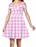 LuckyShe Girls Elegant Princess Cold Shoulder Fold Pleated High Waist Flared A Line Party Dresses,Pink Checkered,8 Years