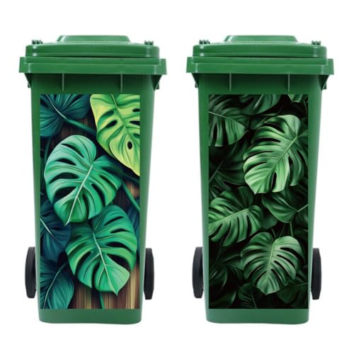 Image of Peacoblue Wheelie Bin Stickers 2 Sheets Monstera Leaves Sticky Dustbin Stickers Decals, 15 inch x 32 inch Waterproof Large Wraps for Trash Cans Bins Fridges Door Wall Garden Outdoor Indoor Patio Decor