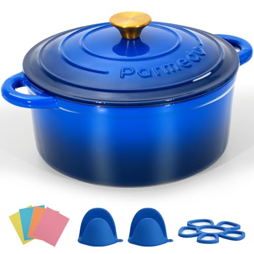 Parmedu Cacerola de hierro fundido esmaltado de 5,5 l con tapa, doble asa, resistente para guisar, guisar, asar, pan, cobalto