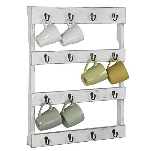 MyGift Wall-Mounted Vintage White Wood 16-Hook Mug Rack
