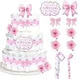 Cheerupp Pink Bow Theme Diaper Cake Decorations for Baby Shower Party, Bowknot Print Ribbon Cards Artificial Flowers Pink Bows Decor, A Sweet Baby Girl is on The Way Baby Shower Favors