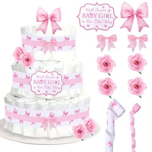 Cheerupp Pink Bow Theme Diaper Cake Decorations for Baby Shower Party, Bowknot Print Ribbon Cards Artificial Flowers Pink Bows Decor, A Sweet Baby Girl is on The Way Baby Shower Favors
