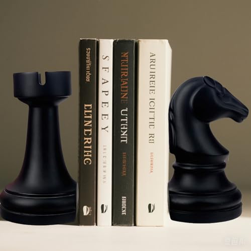 Chess Book Ends for Shelves, Heavy Duty Resin Decorative Bookends for Office Home, 1 Pair Black 7×7×4″ Unique Design Book Stoppers, Great Gift for Book Lovers