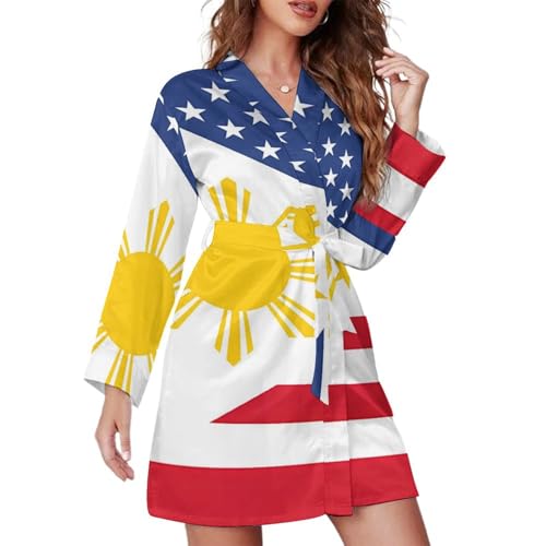 Philippines Flag U.S. Women's Short Robes Long Sleeve Belted Bathrobe Nightgown V Neck Sleepwear