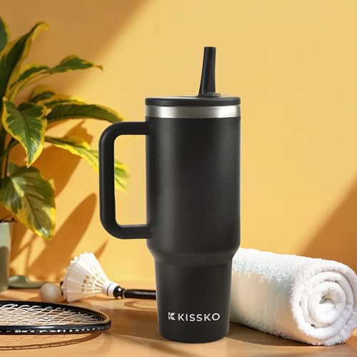 Image of 1200ml Stanley Bottle with Straw & Handle | Stainless Steel Insulated Tumbler with 1 Lids | Leak-Proof Stanley Sipper Water Bottle for Adults | Hot & Cold Steel Tumbler Cup (Black)