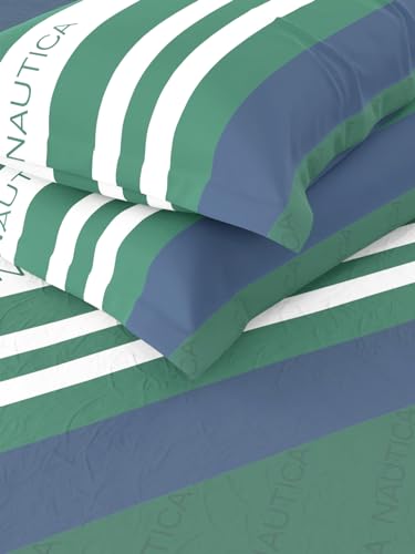 Image of NAUTICA Super Soft Cotton King Bedsheet with 2 Pillow Covers -3Pc Set (Bradford) Stripe-Blue /Green,160 TC