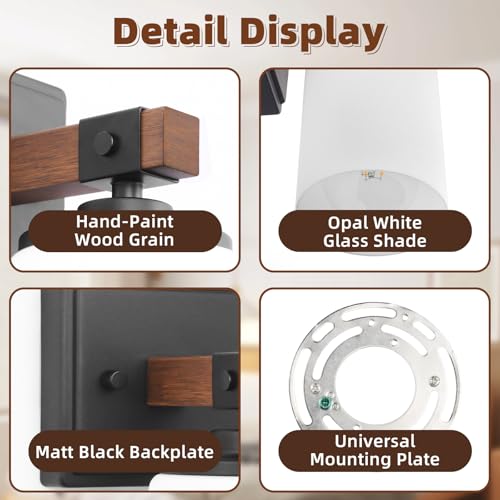 Image of Wall Sconces Set of 2, Farmhouse Rustic Vanity Light for Bathroom, E26 | Wood Grain Brown Wall Light Fixtures with White Glass Shade for Bathroom, Bedroom, Living Room, Hardwired(Bulbs Not Includ)