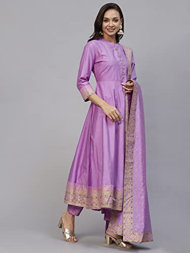 Image of ANNI DESIGNER Women Cotton Blend Solid Kurta With Pant & Dupatta