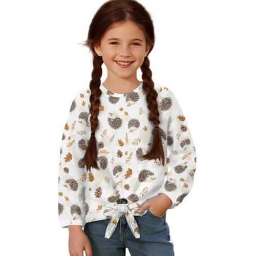 Girls Long Sleeve Shirts with Tie Hem Fall Casual Lightweight Tops Pullover Crewneck Kid Fit Blouses 5-12 Years