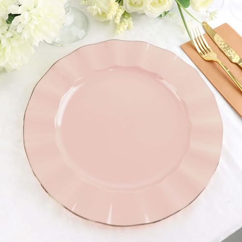 TCF Linen 11" Dinner Plates -Set of 10 - Plastic Blush Round Disposable Chargers With Gold Ruffled Rim, Ideal for Dinner Party Wedding Bulk Events