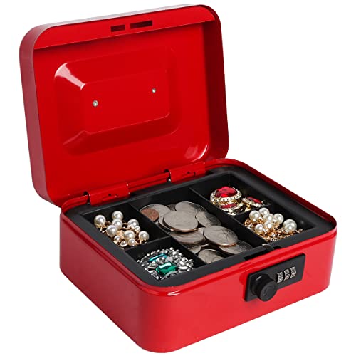 Kasten Cash Box With Combination Lock, Metal Cash Box With Money Tray, 7.87"X 6.30"X 3.54", Small Red #TOP1