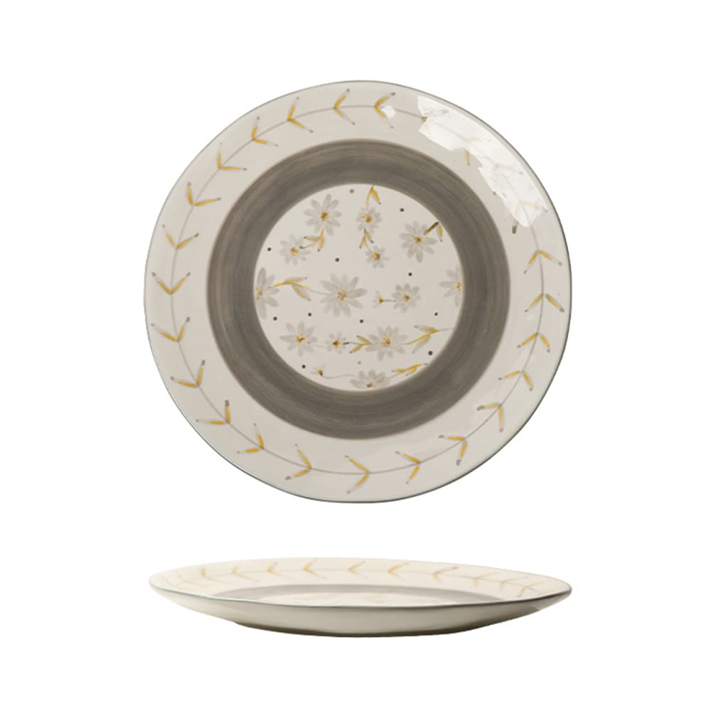 Platos de cerámica Irregulares de 25 cm con diseño de Flores Grises y Amarillas (Gris y Blanco)