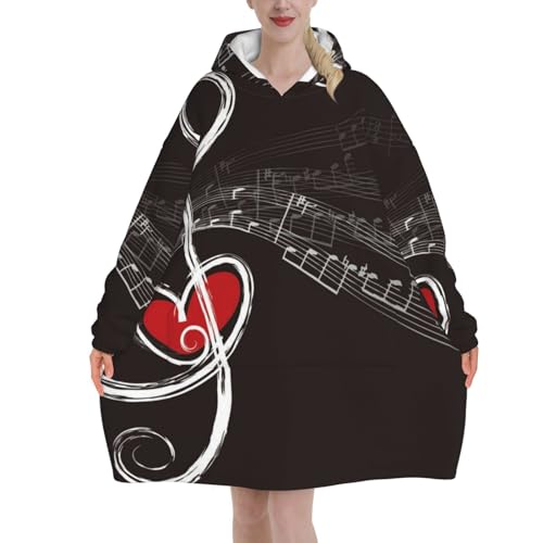 Couverture à capuche rouge à motif cœur musical géante pour homme et femme