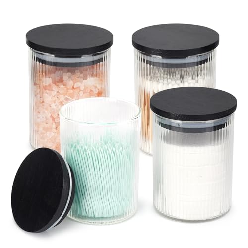 Image of BKYFPQ 4 Pack Glass Qtip Holder Dispenser Set - Apothecary Jars with Lids for Vanity Makeup Organizer - Bathroom Canister Storage Organizer for Cotton Ball, Swab, Round Pads,Floss