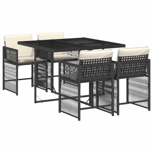 vidaXL Garten Essgruppe 5-TLG., Gartenmöbel Set Tisch mit 4 Stühle, Gartengarnitur mit Kissen, Sitzgruppe Essgarnitur Terrasse, Schwarz Poly Rattan