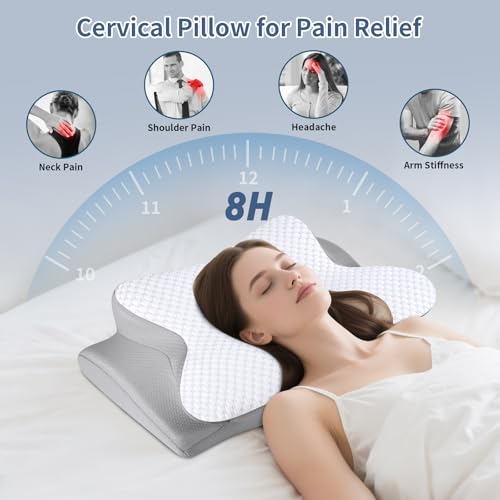 Image of Cervical Neck Pillow for Pain Relief, Ergonomic Contour Pillow, Orthopedic Memory Foam Neck Support Pillow for Side, Back & Stomach Sleepers (Off-White)