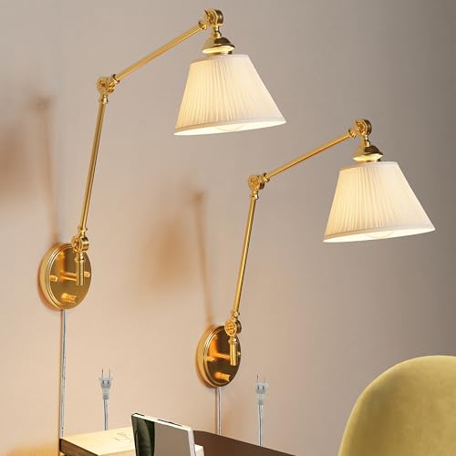 Kacotongh Plug in Wall Sconces Set of Two Gold Swing Arm Wall Lamp with 6.6FT Plug-in Cord and Knob Switch Fabric Hardwired Wall Lights for Bedroom Reading Study Room Office Living Room (2 Pack)