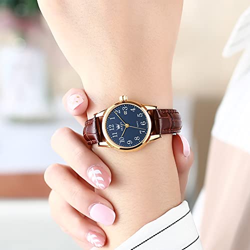 Women's Elegant Brown Leather Quartz Watch with Blue Dial, Arabic Numerals, and Date Function – Waterproof Minimalist Wristwatch for Everyday Wear - Image 2