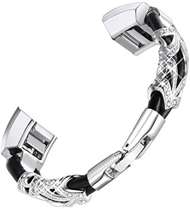 bayite Leather Bands Compatible with Fitbit Alta and Alta HR, Metal Clasp Leather Cord Wristband with Rhinestone Bling, (Silver with Rhinestone, 6.7" - 8.1")