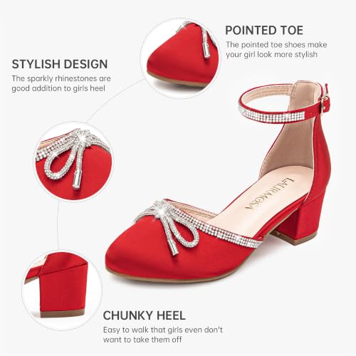Image of LAURMOSA Girls Sandals Closed Toe High Heels Pointed Toe Ankle Strap Pumps Flower Girl Dressy Shoes in Wedding Party Cute Bowknot Chunky Block Heeled for Little Big Kids