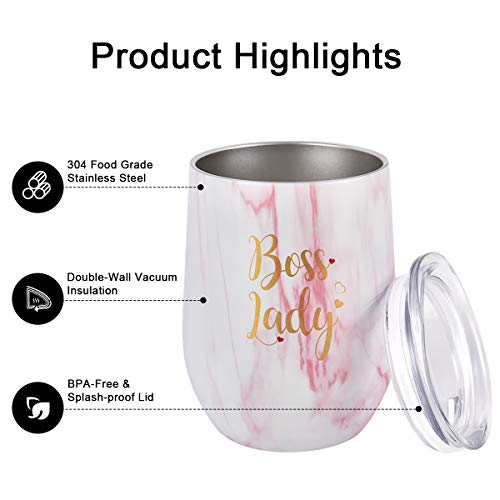 Boss Lady Wine Tumbler Cupcake Wine Socks Set, Bosses Day Christmas Gifts For Women Boss Female Friend Mom, 12 Oz Insulated Stainless Steel Winetumbler With Lid, Socks, Opener, Stopper, Pink Marble #TOP3