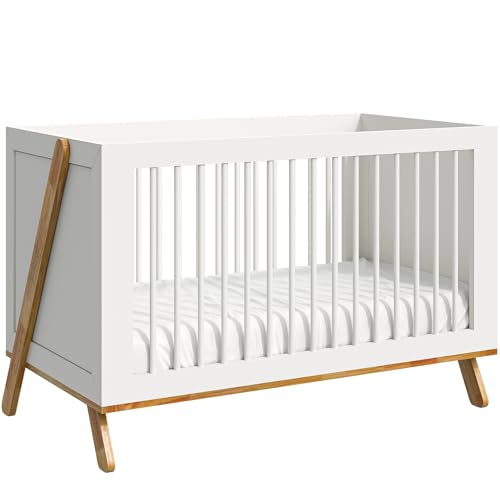FansaFurn 5-in-1 Convertible Crib, GREENGUARD Gold Certified, White Crib with Toddler Bed Desk Sofa Conversion Kit, Made of Durable Rubberwood, DIY Design Allowed, Wooden Baby Bed, White