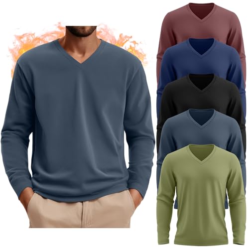 August Alley 5 Pack Thermal Long Sleeve Shirts for Men V Neck Fleece T Shirt Loose Fit Base Layer Sweatshirts Cold Weather(Matcha Green, Light Blue Gray, Dusty Rose, Black, Blue,Small)