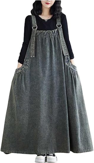 Image of Boho Jumper Dress for Women Loose Version Baggy Style Maxi Length Adjustable Straps Wide Hemline Overall Dresses