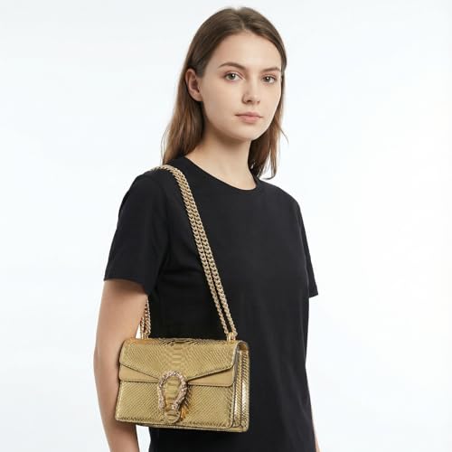Image of Crossbody Shoulder Square Purse For Women - Fashion Embossed Snake-Print Leather Handbag Metal Chain satchel Tote Bag