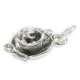 925er-Sterlingsilber Charm-Anhänger für Tasse und Untertasse mit Löffel, Sterling-Silber 925, 1 Teetassen-Anhänger