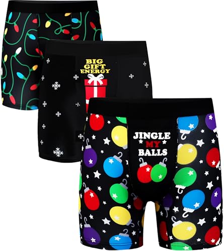 Expertoftio Mens Christmas Underwear Boxer Briefs, Funny Holiday Print Comfy Novelty, No Fly, 3 Pairs, Large