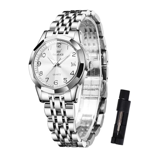 OLEVS Damen Uhr Silber Edelstahlband Analoger Quarz Damenuhr Klassisches Luxus Weiß Kleines Gesicht Arabische Ziffern Diamanten Uhr Damen Leuchtend Wasserdicht mit Datum Watches for Women