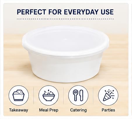 Image of 250 ML Disposable Food Containers with Lids (25 PCS) | Round Food Storage & Takeaway | BPA Free, Microwave Safe, Freezer Safe Meal Prep Boxes for Kitchen, Restaurant & Food White