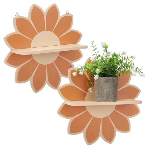 Image of UNICRAFTALE 2 Set Flower Wall Shelf Boho Wooden Wall Shelves Bohemian Arrangement Holders Hanging Display Flower Decor Shelf for Living Room Bathroom Bedroom Decorative 9.92/16.2 Inch Long
