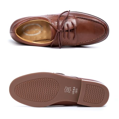 Mona flying Sapato social feminino clássico Derby Oxfords de couro com cadarço e bico redondo, Verme