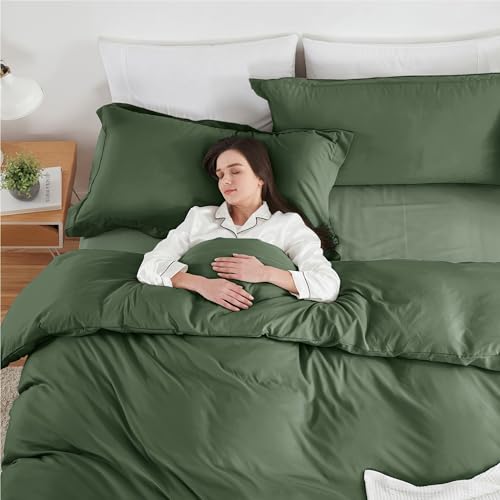 Image of Hearth & Harbor Olive Green Duvet Cover with Fitted Sheet Full Size | 4 Piece Soft Double Brushed Bedding Set, Button Closure, 1 Duvet Cover 80x90 Inches, 1 Fitted Sheet, 2 Pillow Shams