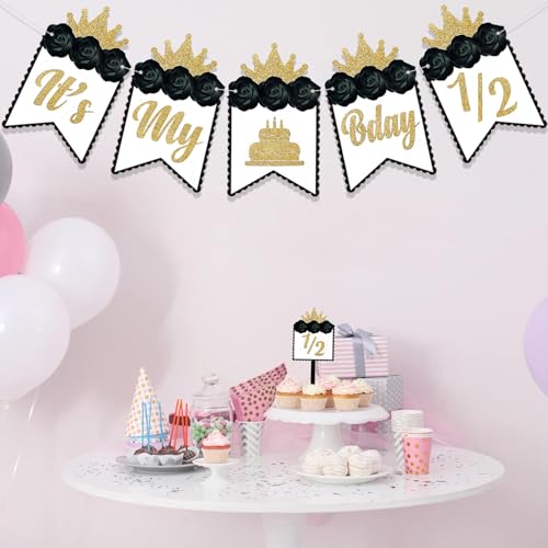 Image of Rozi Decoration Its My Half Birthday Black Banner Pack of 1 Set Happy Birthday Half Month Banner Decorations | Its My 1 /2 Birthday Banner | Its My Half Birthday Banner