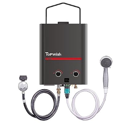 TOPWISH Portable Tankless Water Heater, 1.32 GPM Portable Propane Outdoor Camping Water Heater, 5L Instant Water Heater with Handle for RV, Camping, Barns, Trips Boat Cabins, Black