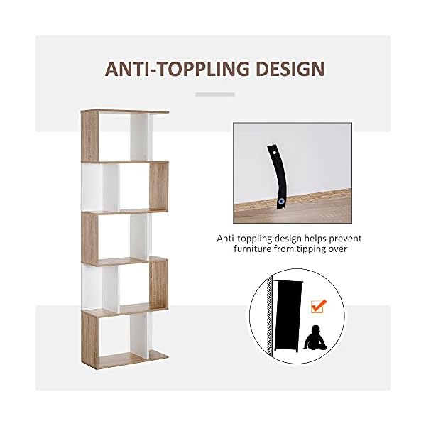 HOMCOM 5-tier Bookcase Storage Display Shelving S Shape design Unit Divider White - Image 6