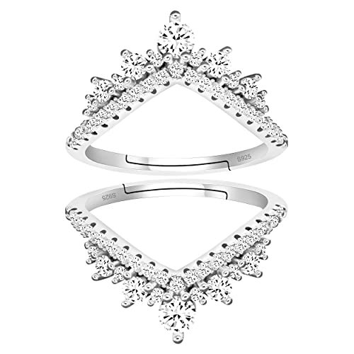 925 Sterling Silver Round CZ Crown Wedding Engagement Ring Guard Enhancer 2pcs V-shape Stack Rings Set Y1027 (Platinum, Adjustable)