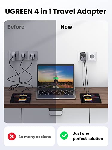 UGREEN UK to European Plug Adapter PD 30W Travel Adapter with USB C GaN Fast 4-in-1 Travel Plugs UK to EU for Germany France Spain Iceland Greece Poland Portugal Austria Netherlands Turkey - Image 4