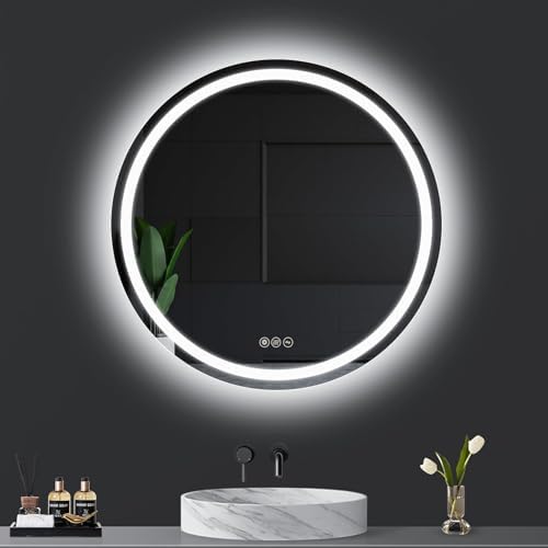 Heilmetz Round Black Mirror with LED Light, 600mm Bathroom Led Mirrors ...